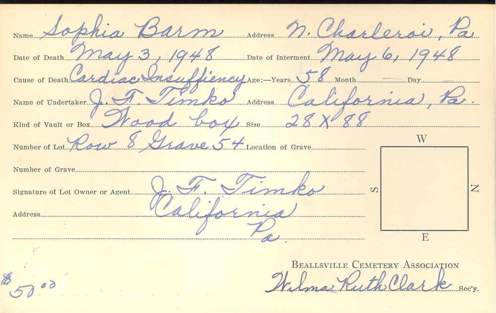 Sophia Baron burial card